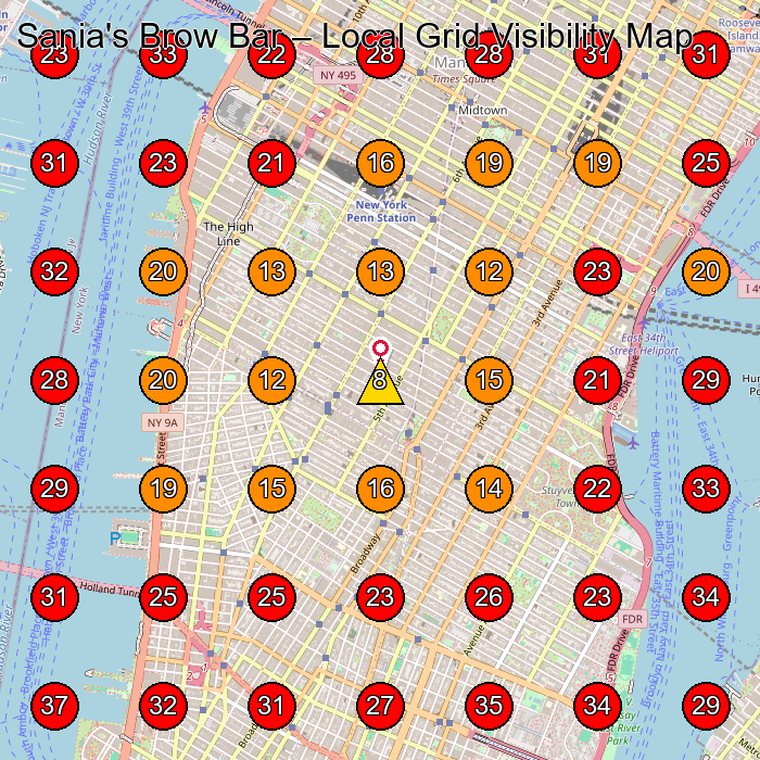 Sania's Brow Bar GeoGrid visibility map for Eyebrow Bar in New York